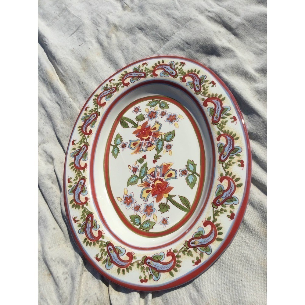 Pottery Barn sausalito paisley platter 19” serving ceramic white red floral boho